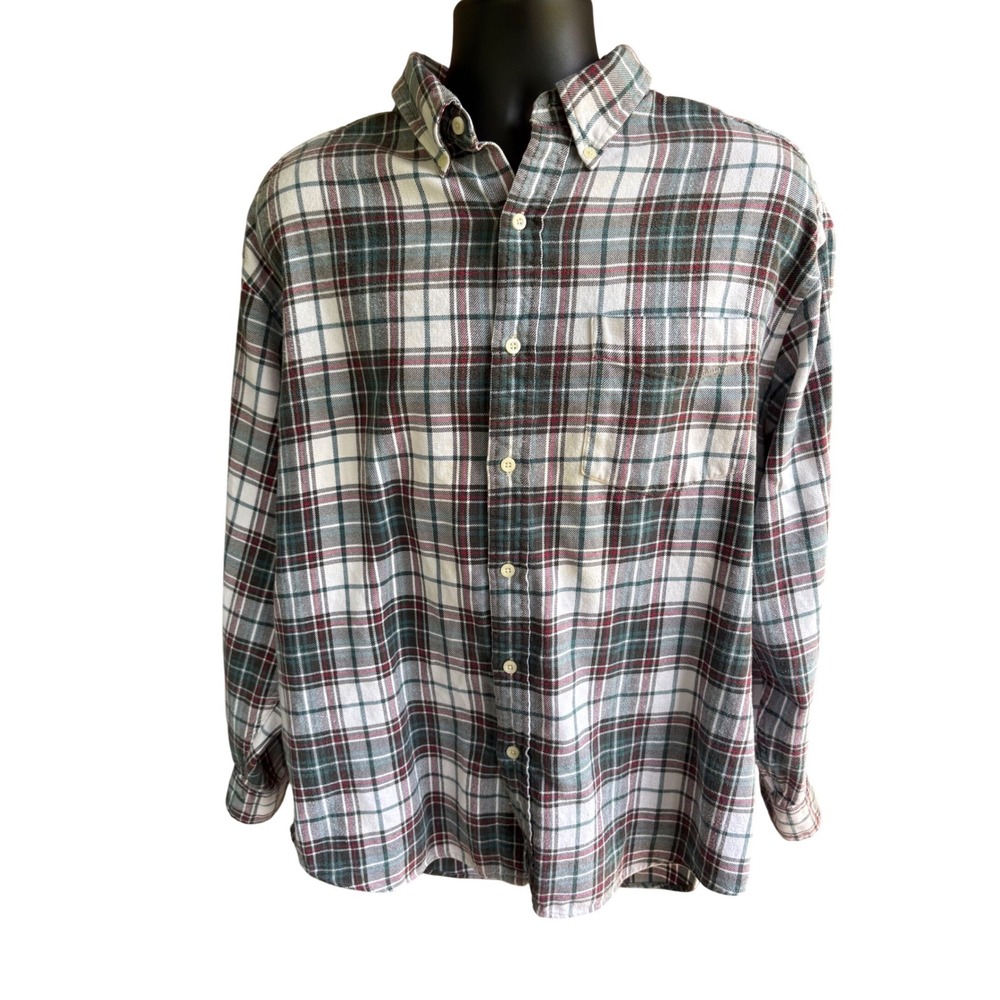 Gap Mens XL Plaid Flannel Shirt Green Burgundy White LS Button Down Cotton